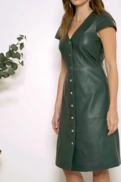 Dark Green Leather V Neck Popper Front Dress -CHAUz Clothing Shop 09bbd7feb13d2fc3f6d2121bb24d2d808601b340