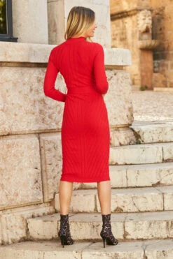 Red Belted Knitted Midi Dress -CHAUz Clothing Shop 10 s22dk009rd 101