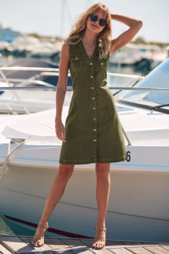 Khaki Green Button Front Sleeveless Denim Dress