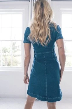 Indigo Blue Short Sleeve Round Neck Zip Front Denim Dress -CHAUz Clothing Shop 28d3828126e6971c71f9fbffa894c82c81b74339