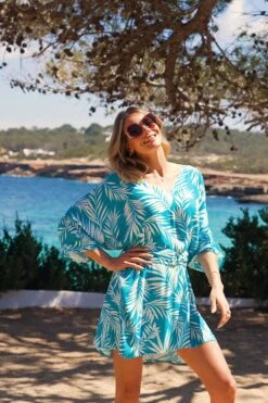 Sky Blue & White Palm Print Tie Waist Beach Dress -CHAUz Clothing Shop 2d5899ba1cf2ed2a50d880267339f436e606850e