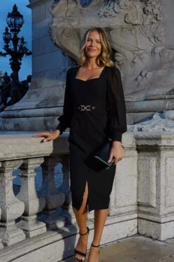 Black Sweetheart Neckline Pencil Dress With Sheer Sleeve Detail -CHAUz Clothing Shop 351e3362c61c9d551de116740d11ca0a3fae91fd