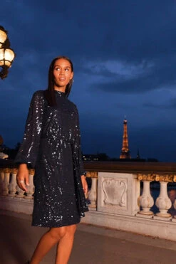 Navy Blue Sequin High Neck Belted Shift Dress -CHAUz Clothing Shop 371b7da9c6fb0de2d6508ddb6c9dd5d285c43300