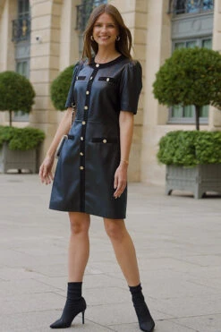 Black Faux Leather Button Front Pocket Detail Shift Dress -CHAUz Clothing Shop 3a32b470b1fef309ff5d768487e71befad51347e