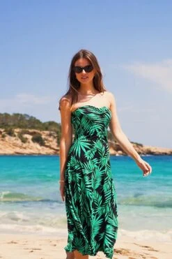 Black & Green Palm Print Ruched Front Bandeau Jersey Dress -CHAUz Clothing Shop 5289f9f75e492eb111d61b979a236e5616f98e35