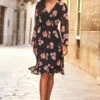Black & Pink Floral Print Wrap Front Dress -CHAUz Clothing Shop 52 s22dw004 018