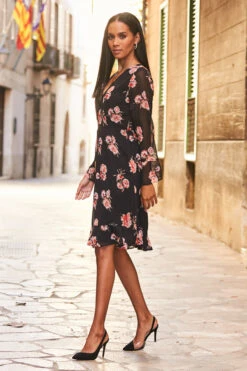 Black & Pink Floral Print Wrap Front Dress -CHAUz Clothing Shop 52 s22dw004 034