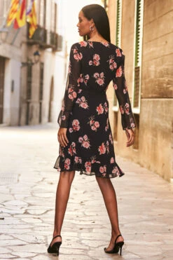 Black & Pink Floral Print Wrap Front Dress -CHAUz Clothing Shop 52 s22dw004 106