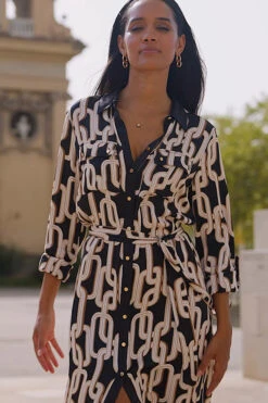 Black Chain Print Contrast Trim Belted Shirt Dress -CHAUz Clothing Shop 537f957af738a88e5b622d686a1d07c28abd5da4