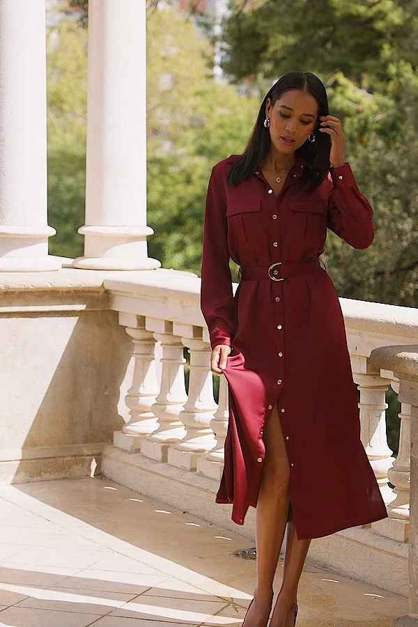 Burgundy Satin Utility Shirt Dress 6 Burgundy Satin Utility Shirt Dress - Image 4