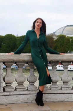 Dark Green Plisse Flared Sleeve Shirt Jersey Dress -CHAUz Clothing Shop 731cbf994e64f98e2a8792846060f3726beed149