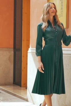 Dark Green Faux Leather Pleated Midi Dress -CHAUz Clothing Shop 76036418bbb98fcaf57f40cdcf875fd8d3385d19