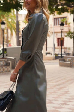 Khaki Green Faux Leather Popper Front Shirt Dress -CHAUz Clothing Shop 76a1407d11f6f91ee5015cdc93789f258951f65c