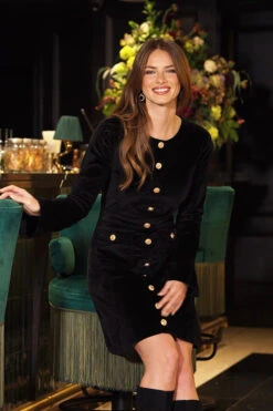 Black Velvet Fit & Flare Dress With Button Pocket Detail -CHAUz Clothing Shop 76f3b8f7f0f7390c2014fa85e050193377d5ef66