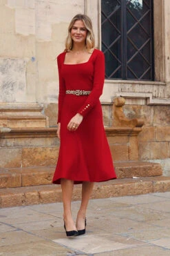 Red Square Neck Gold Button Cuff Knitted Midi Dress -CHAUz Clothing Shop 77cb295c455a3a861cebecebe5fb73061632de61