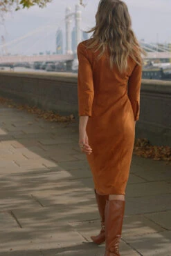 Tan Ruched Front Faux Suede Midi Shirt Dress -CHAUz Clothing Shop 7986f92155b0a4fa2f041175188b04b2af48c630