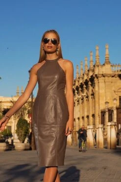 Taupe Premium Leather Halter Neck Dress -CHAUz Clothing Shop 79ac2a48c4de5afe195c42537cc25e070b377140