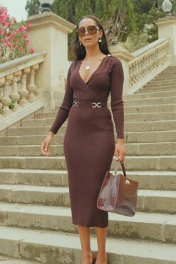 Chocolate Brown Wrap Front Luxe Gold Buckle Knitted Dress -CHAUz Clothing Shop 7c3fa8aa6a8d64e6e6912e43c2accb87dc6c6d8c