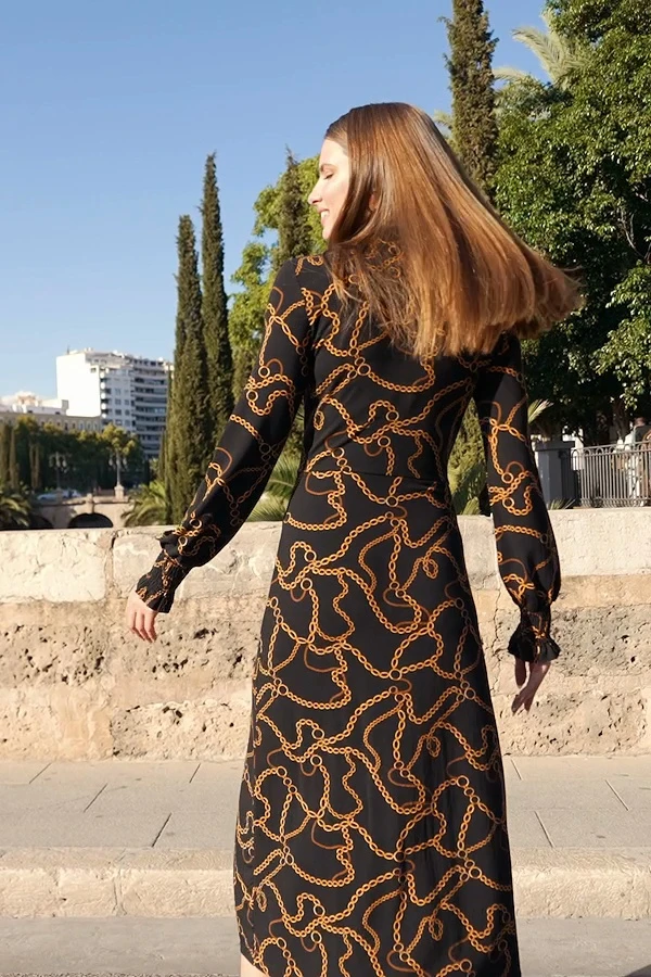 Black & Gold Chain Print High Neck Jersey Dress 6 Black & Gold Chain Print High Neck Jersey Dress - Image 4