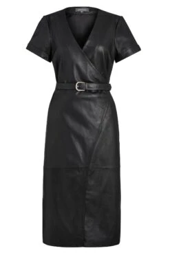 Black Luxury Leather Belted Wrap Dress -CHAUz Clothing Shop a19dl001 wrap dress black copy