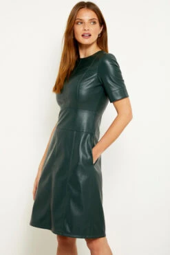 Dark Green Leather Look Panelled Shift Dress -CHAUz Clothing Shop a19dp006gn 11 1