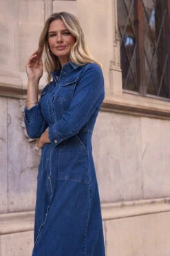 Mid Blue Popper Front Denim Midi Dress With Pockets -CHAUz Clothing Shop b4a65496dfcf8cf12e370fbafbd08bed282da95e