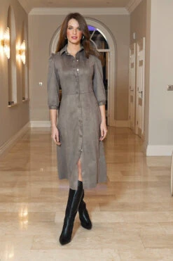 Taupe Faux Suede Popper Front Shirt Dress -CHAUz Clothing Shop b8fc1a992250f15920235a4e95d1d9ad90a5d23d