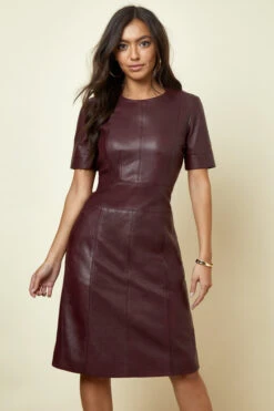 Burgundy Leather Panelled Shift Dress -CHAUz Clothing Shop burgundy leather shift dress 1