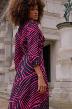 Pink & Black Geometric Print Belted Midi Dress -CHAUz Clothing Shop c0060d7ff27cc97ec96734a9b4fefd8df2a14a27
