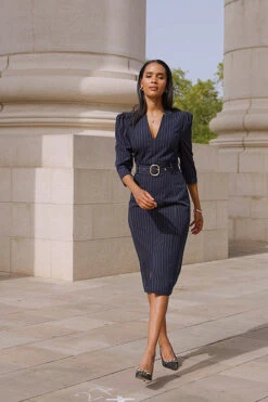 Navy Blue Pinstripe Belted Pencil Dress -CHAUz Clothing Shop d898ebc58a55ff669000198579b43ef84f2b7643