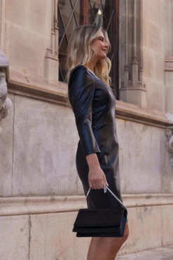 Black Gathered Sleeve Faux Leather Dress -CHAUz Clothing Shop f858acfb022753f3c0715c8b007e0293f5978f36