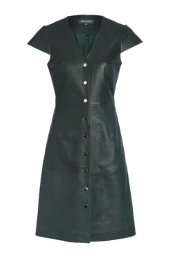 Dark Green Leather V Neck Popper Front Dress -CHAUz Clothing Shop greenleatherbuttonupdress