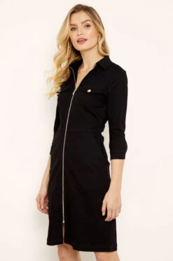 Black Zip Front Denim Dress With Pockets -CHAUz Clothing Shop s19ds764 3 crop v2