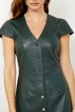 Dark Green Leather V Neck Popper Front Dress -CHAUz Clothing Shop s20dl01gn 1 14