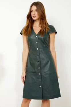 Dark Green Leather V Neck Popper Front Dress -CHAUz Clothing Shop s20dl01gn 1 7