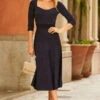 Navy Blue Metallic Sweetheart Neckline Fit & Flare Knitted Dress -CHAUz Clothing Shop web 01 a21dk588 031