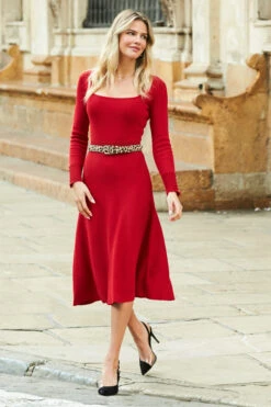 Red Square Neck Gold Button Cuff Knitted Midi Dress