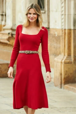 Red Square Neck Gold Button Cuff Knitted Midi Dress -CHAUz Clothing Shop web 02 a21dk570rd 139