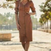 Tan Faux Leather Popper Front Pencil Dress With Pockets -CHAUz Clothing Shop web 21 a21dp004 023 1