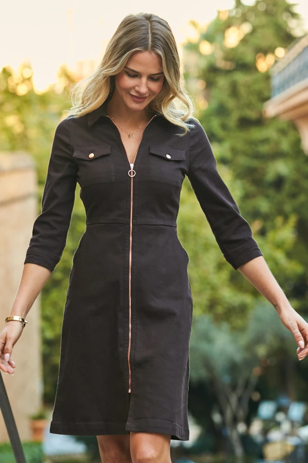 Chocolate Brown Zip Front Denim Dress With Pockets 5 Chocolate Brown Zip Front Denim Dress With Pockets - Image 3
