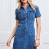 Indigo Blue Popper Front Short Sleeve Stretch Denim Dress -CHAUz Clothing Shop web s8 s21dd406io001w s21fw022bn 030