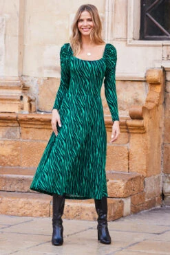 Green Animal Print Square Neck Jersey Midi Dress