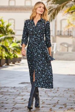 Black & Blue Ditsy Floral Print Midi Shirt Dress