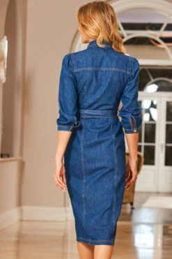 Mid Blue Denim Belted Popper Front Dress With Pockets -CHAUz Clothing Shop web 12 s23dd012be0010 084