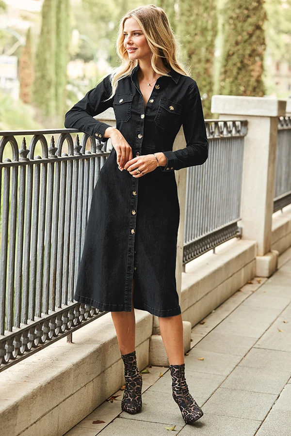 Black Denim Button Front Midi Dress 5 Black Denim Button Front Midi Dress - Image 3