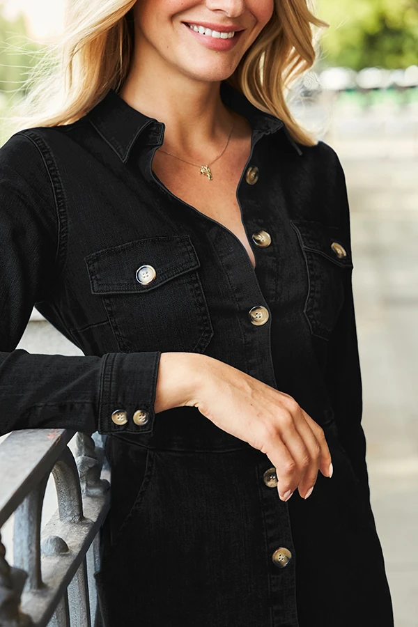 Black Denim Button Front Midi Dress 8 Black Denim Button Front Midi Dress - Image 6