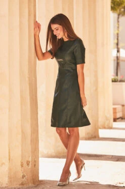 Dark Green Leather Look Panelled Shift Dress -CHAUz Clothing Shop web 2020 03 11 sosandar malta shot 43 01651