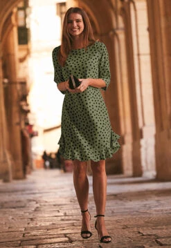 Khaki Green & Black Spot Print Ruffle Hem Shift Dress