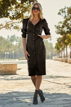 Black Faux Leather Popper Front Pencil Dress