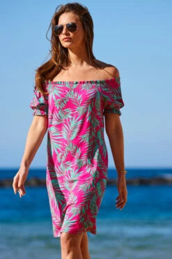 Pink Palm Print Bardot Shirred Detail Shift Jersey Dress -CHAUz Clothing Shop web 2304 96 s23dj120pkwe03 96 022